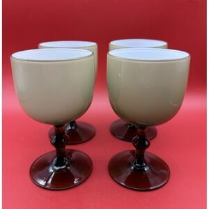 4 Vintage CARLO MORETTI Smoke Taupe/White Cased Glass Water Glasses Goblet 5.75"